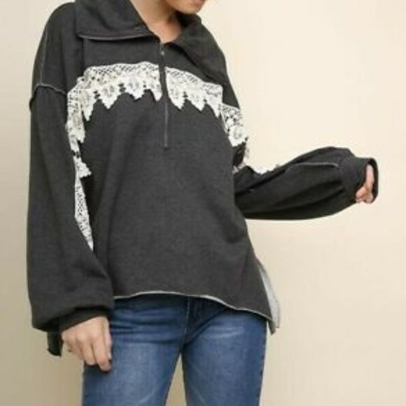 Umgee Gray Sweatshirt Crochet Lace Pullover, Lg - Picture 1 of 7